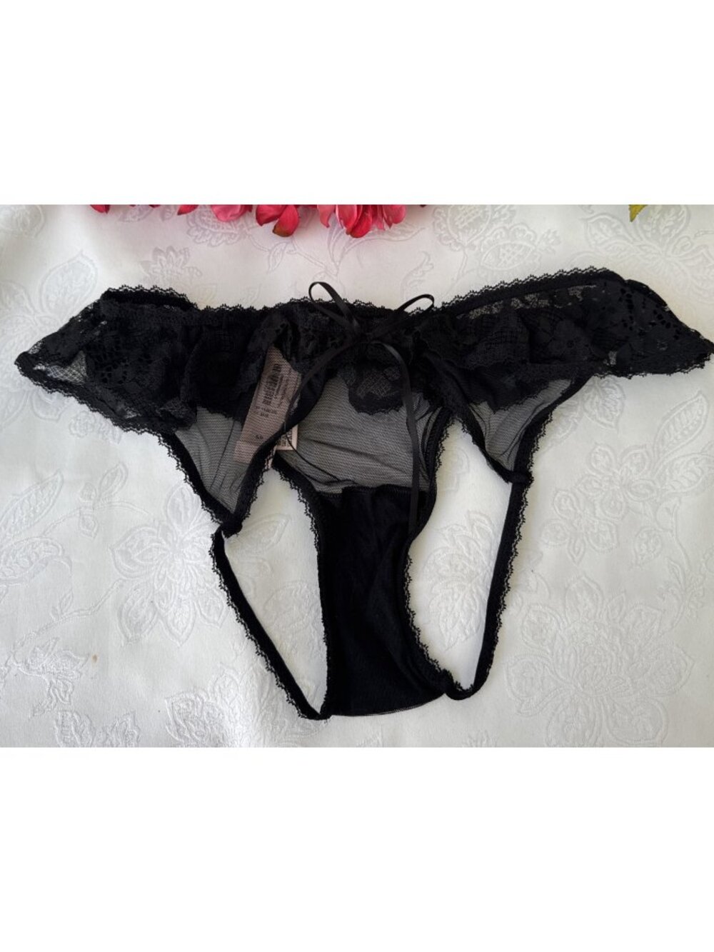 VICTORIA'S SECRET S SHEER BLACK OPEN BACK STRAPPY CHEEKY BIKINI BOW PANTIES NWT